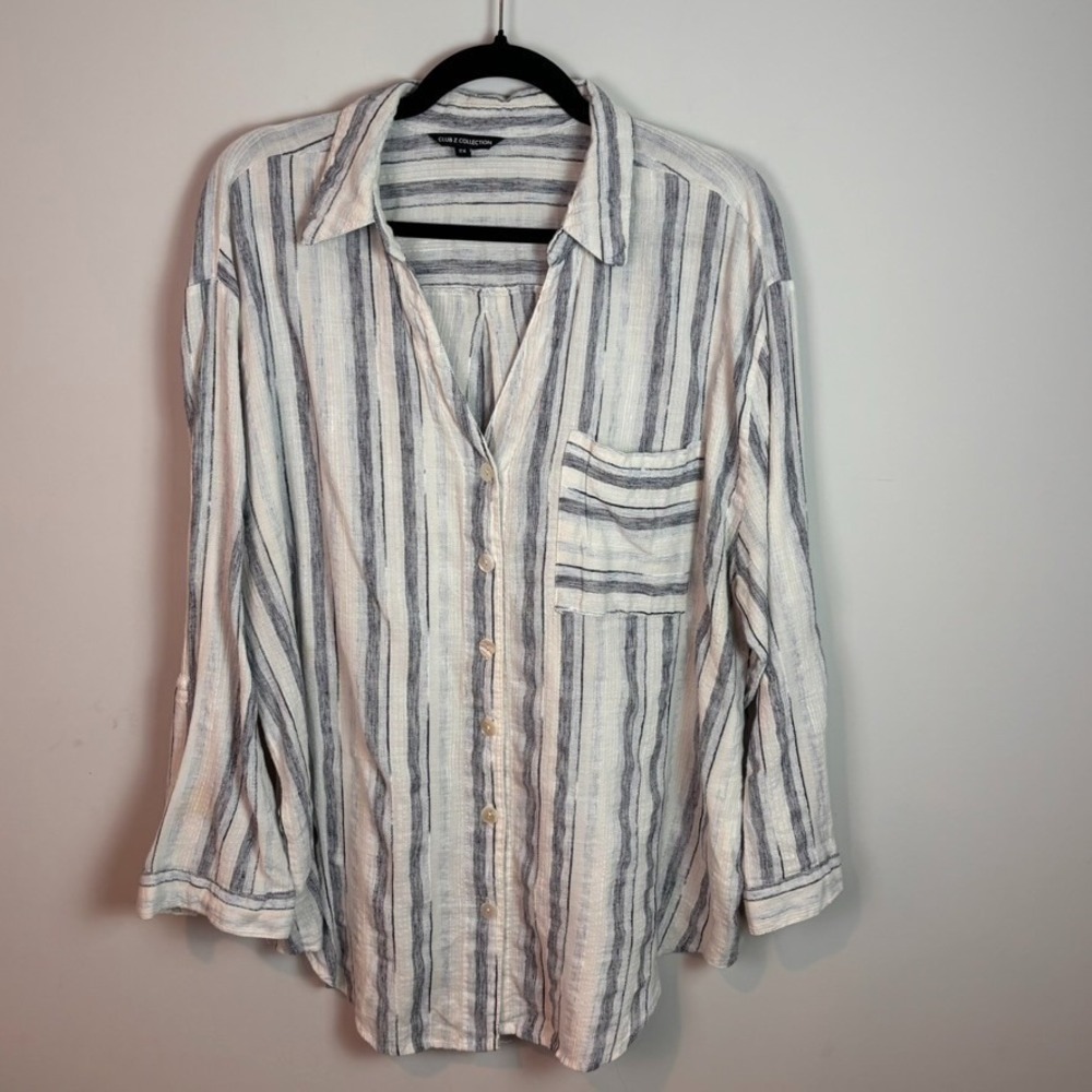 Club Z Collection Womens Blue white striped cotton blend button up blouse sz‎ 2X